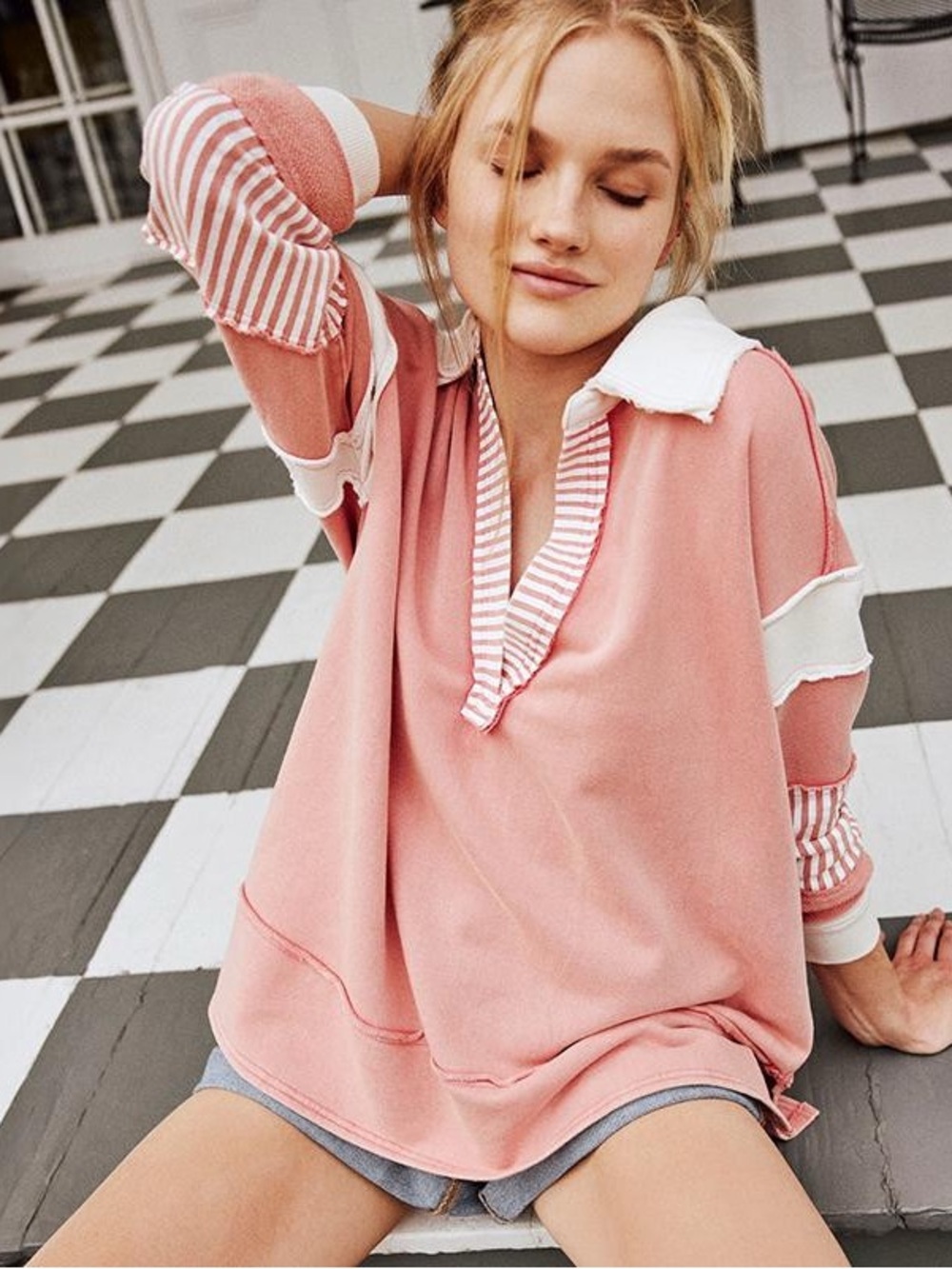 Free People We The Free Clean Prep Polo Rosetta Pink Striped Pullover | Large